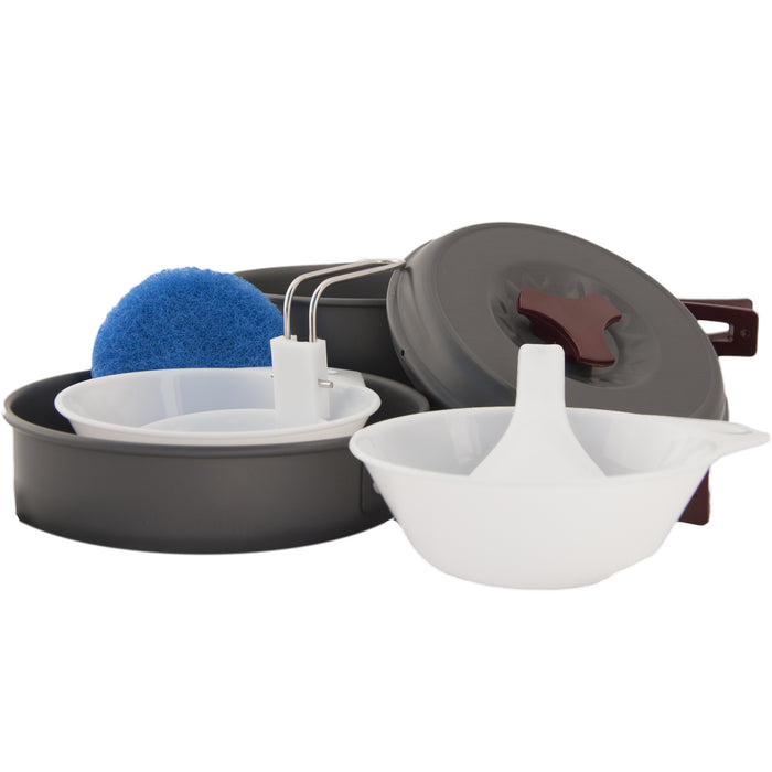 Mountain Meal Mess Kit by Emergency Zone including compact cooking pot and frying pan, 2 serving bowls, one ladle, one spatula and a scrubbing sponge.  