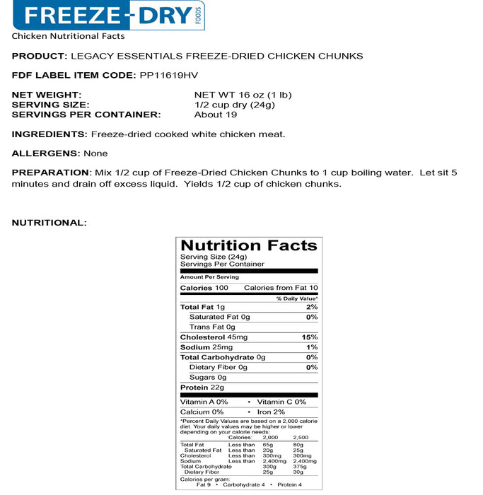 Legacy 100% USDA Freeze Dried Chicken Dices - Emergency Zone