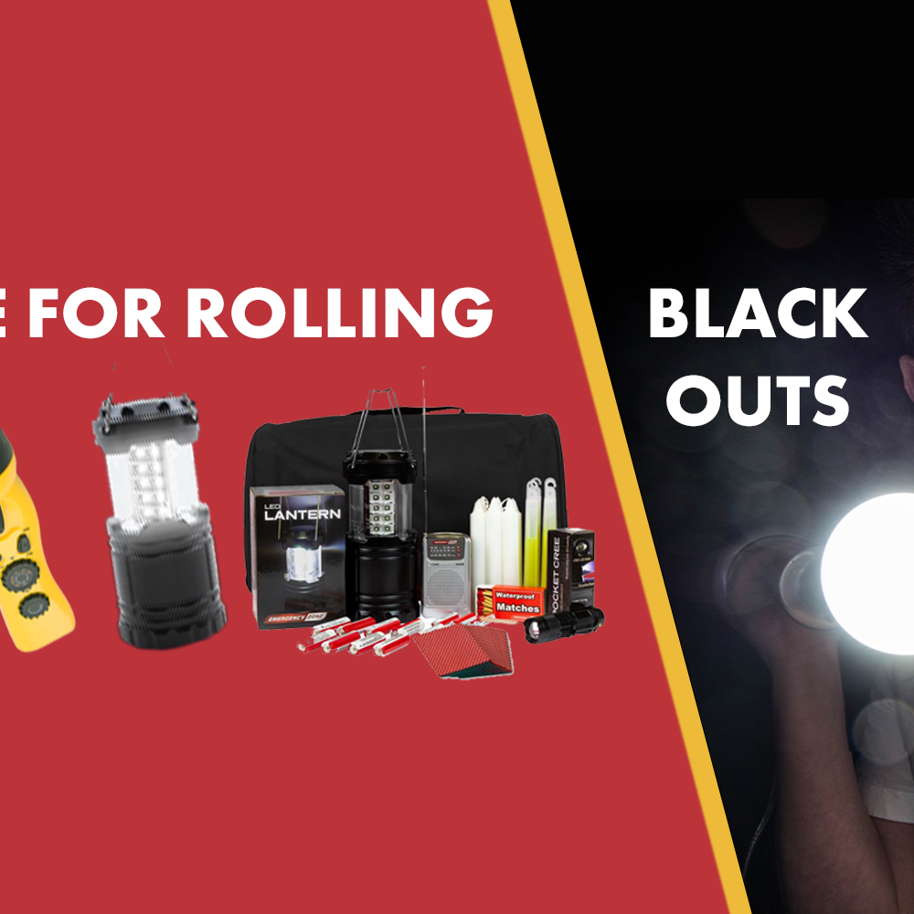 Prepare for rolling blackouts.  A man with a flashlight in the dark is shown next to Emergency Zone's Power Outage Kit, Lantern, Emergency Crank Radio and Flashlight, and Eco Flow Power Station.