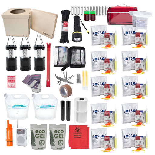 Emergency Zone's 10 Person Office Lockdown Emergency Kit showing Emergency Toilet Sanitation, Food and Water Ration, Lantern, Flashlight, First Aid Kit, Eco Gel, and more