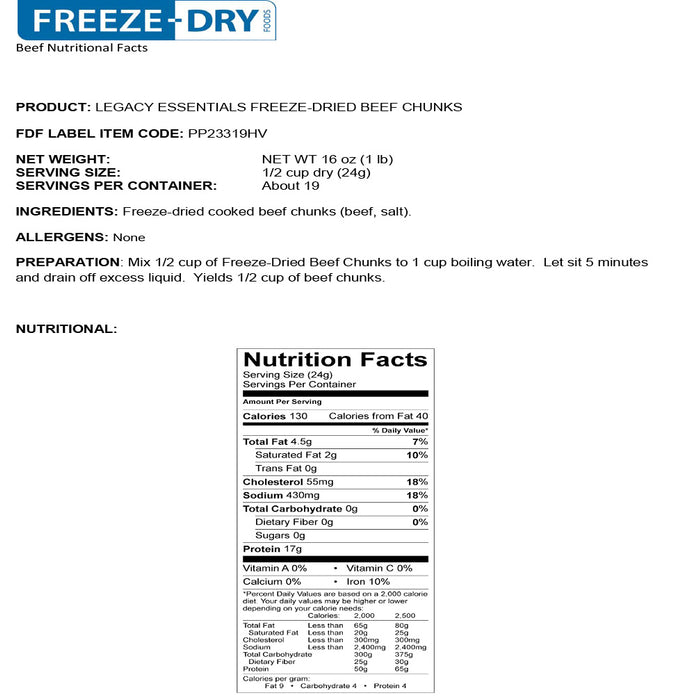 Legacy 100% USDA Freeze Dried Beef Dices - Emergency Zone